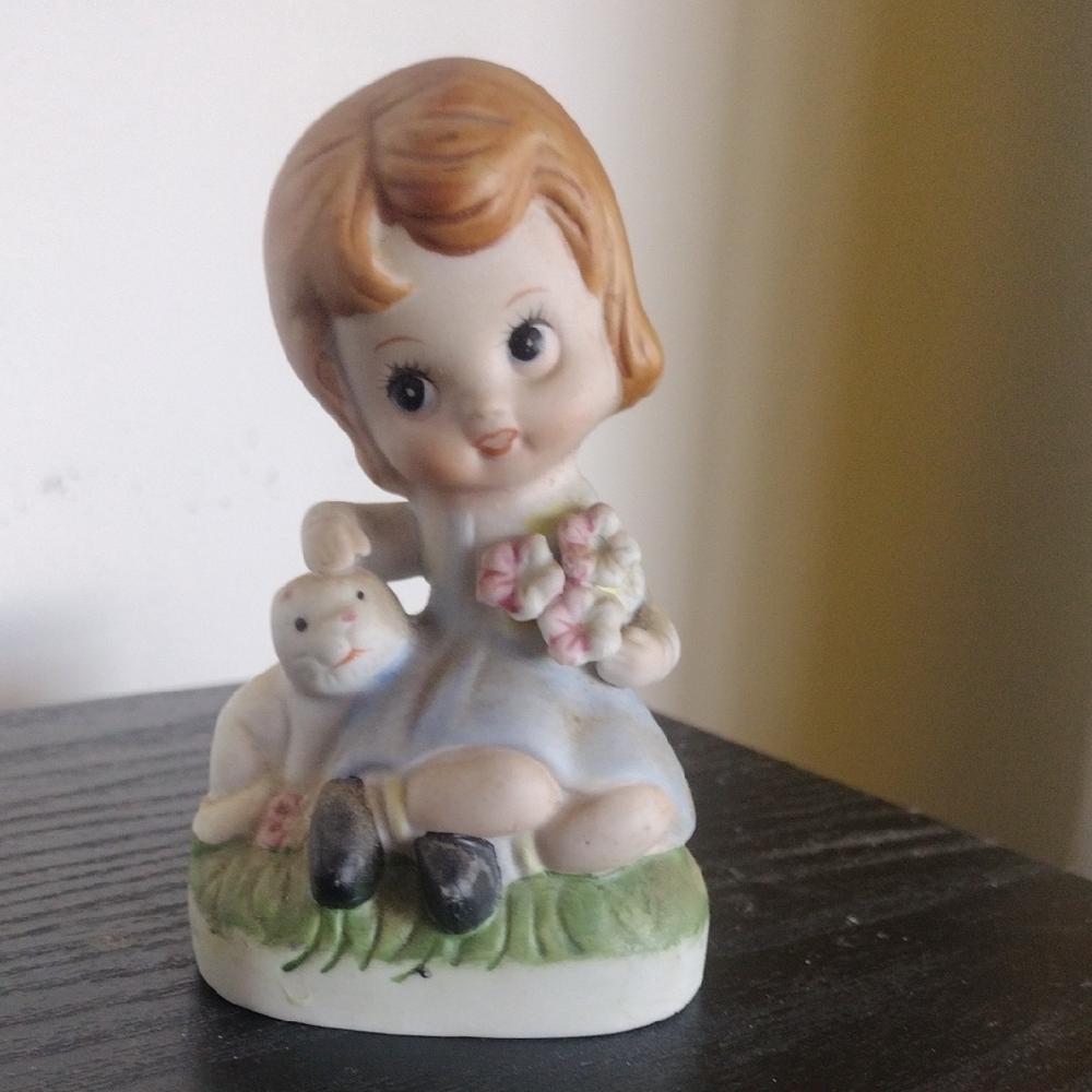 Vintage Charming Figurine with Girl and Lamb Or Puppy  Statue